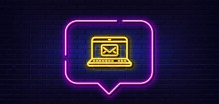 Ilustración de Neon light speech bubble. E-Mail line icon. Message correspondence sign. Communication symbol. Neon light background. E-Mail glow line. Brick wall banner. Vector - Imagen libre de derechos