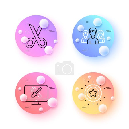Illustration for Scissors, Winner star and Teamwork minimal line icons. 3d spheres or balls buttons. Repair icons. For web, application, printing. Cutting tool, Best award, Group of users. Computer service. Vector - Royalty Free Image