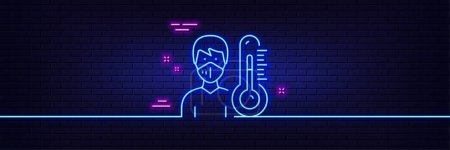 Illustration for Neon light glow effect. Thermometer line icon. Doctor with face mask sign. Temperature measuring symbol. 3d line neon glow icon. Brick wall banner. Thermometer outline. Vector - Royalty Free Image