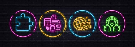 Téléchargez les illustrations : World mail, Puzzle and Budget accounting minimal line icons. Neon laser 3d lights. Inclusion icons. For web, application, printing. Chat, Puzzle piece, Financial trade. Equity rainbow. Vector - en licence libre de droit