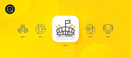 Ilustración de Winner, Dumbbell and Arena minimal line icons. Yellow abstract background. Change clothes, Cardio training icons. For web, application, printing. Vector - Imagen libre de derechos