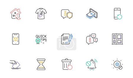Ilustración de T-shirt design, Cash and Recovery phone line icons for website, printing. Collection of Recovery trash, Time, Signing document icons. Innovation, Augmented reality, Sleep web elements. Vector - Imagen libre de derechos