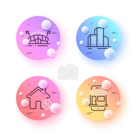 Illustration for Loan house, Sports arena and Buildings minimal line icons. 3d spheres or balls buttons. Marketplace icons. For web, application, printing. Discount percent, Event stadium, City architecture. Vector - Royalty Free Image