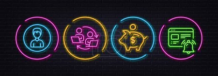 Illustration for Teamwork process, Person and Piggy bank minimal line icons. Neon laser 3d lights. Internet notification icons. For web, application, printing. Remote work, Edit profile, Dollar money. Vector - Royalty Free Image