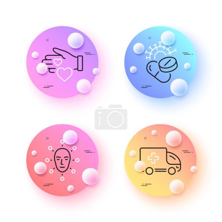 Ilustración de Face biometrics, Ambulance emergency and Volunteer minimal line icons. 3d spheres or balls buttons. Coronavirus pills icons. For web, application, printing. Vector - Imagen libre de derechos