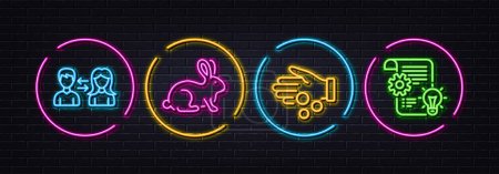 Illustration for People communication, Donation money and Animal tested minimal line icons. Neon laser 3d lights. Cogwheel icons. For web, application, printing. People talking, Tax money, Bio product. Vector - Royalty Free Image