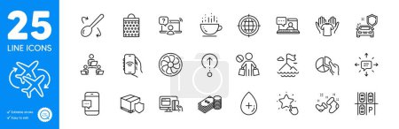 Illustration for Outline icons set. Parking place, Friends chat and Coffee cup icons. Car secure, Hold t-shirt, Pie chart web elements. Teamwork, Delivery insurance, Seo internet signs. Savings. Vector - Royalty Free Image