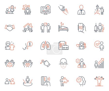 Téléchargez les illustrations : People icons set. Included icon as Helping hand, Contactless payment and Human web elements. Builders union, Communication, Like video icons. Lungs, Puzzle, Hold box web signs. Sleep. Vector - en licence libre de droit