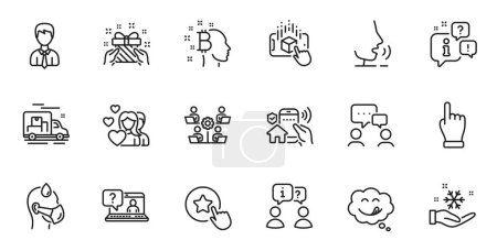 Outline set of Couple, Click hand and Freezing line icons for web application. Talk, information, delivery truck outline icon. Include Sick man, People chatting, Bitcoin think icons. Vector