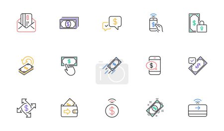Illustration for Money payment line icons. Accept transfer, Pay by Phone and Credit card. Cash linear icon set. Bicolor outline web elements. Vector - Royalty Free Image