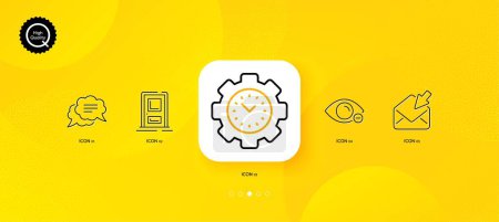Téléchargez les illustrations : Text message, Entrance and Time management minimal line icons. Yellow abstract background. Open mail, Myopia icons. For web, application, printing. Chat bubble, Door, Settings. View e-mail. Vector - en licence libre de droit