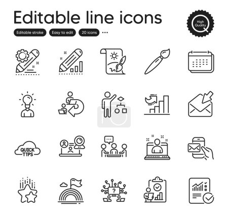 Illustration for Set of Education outline icons. Contains icons as People chatting, Brush and Best manager elements. Calendar, Checked calculation, Video conference web signs. Edit statistics, Quick tips. Vector - Royalty Free Image