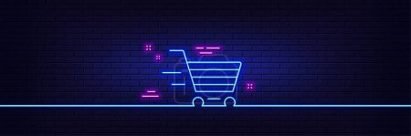 Téléchargez les illustrations : Neon light glow effect. Delivery Service line icon. Shopping cart sign. Express Online buying. Supermarket basket symbol. 3d line neon glow icon. Brick wall banner. Delivery shopping outline. Vector - en licence libre de droit