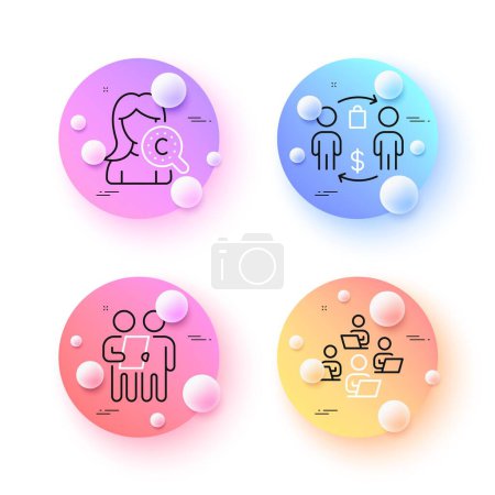 Illustration for Teamwork, Collagen skin and Survey minimal line icons. 3d spheres or balls buttons. Buying process icons. For web, application, printing. Remote work, Skin care, Contract. Supermarket bag. Vector - Royalty Free Image