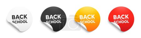Téléchargez les illustrations : Back to school tag. Round sticker badge with offer. Education offer. End of vacation slogan. Paper label banner. Back to school adhesive tag. Vector - en licence libre de droit