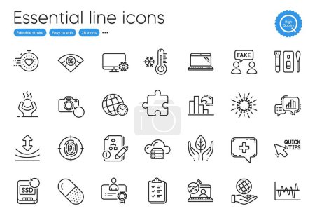 Illustration for Capsule pill, Laptop and Puzzle line icons. Collection of Covid test, Low thermometer, Fair trade icons. Fingerprint, Decreasing graph, Time zone web elements. Medical chat, Algorithm. Vector - Royalty Free Image