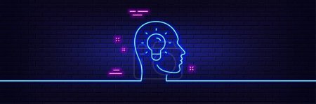 Illustration for Neon light glow effect. Idea head line icon. Lightbulb sign. Core value symbol. 3d line neon glow icon. Brick wall banner. Idea head outline. Vector - Royalty Free Image
