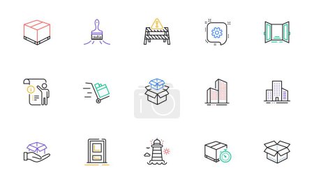 Illustration for Entrance, Lighthouse and Packing boxes line icons for website, printing. Collection of Delivery box, Hold box, Cogwheel icons. Open door, Brush, Warning road web elements. Vector - Royalty Free Image