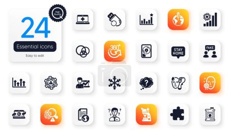 Illustration for Set of Science flat icons. Copywriting notebook, Puzzle and Support consultant elements for web application. Electronic thermometer, Snowflake, Efficacy icons. Upper arrows. Vector - Royalty Free Image