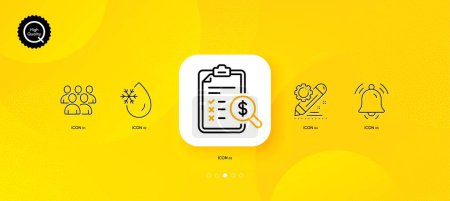Téléchargez les illustrations : Notification bell, Freezing water and Accounting report minimal line icons. Yellow abstract background. Group, Project edit icons. For web, application, printing. Vector - en licence libre de droit