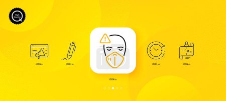 Téléchargez les illustrations : Seo marketing, Time change and Journey path minimal line icons. Yellow abstract background. Signature, Medical mask icons. For web, application, printing. Megaphone, Clock, Project process. Vector - en licence libre de droit