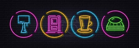 Illustration for Table lamp, Entrance and Teacup minimal line icons. Neon laser 3d lights. Mattress icons. For web, application, printing. Bedside lamp, Door, Tea or latte. Sleeping pillow. Neon lights buttons. Vector - Royalty Free Image