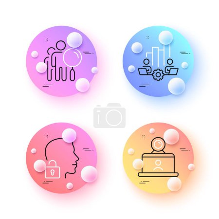 Ilustración de Unlock system, Search people and Video conference minimal line icons. 3d spheres or balls buttons. Teamwork chart icons. For web, application, printing. Vector - Imagen libre de derechos