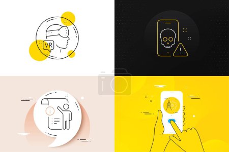 Téléchargez les illustrations : Minimal set of Cyber attack, Cogwheel dividers and Manual doc line icons. Phone screen, Quote banners. Augmented reality icons. For web development. Phone virus, Settings, Project info. Vector - en licence libre de droit