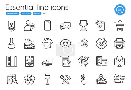 Téléchargez les illustrations : Communication, Augmented reality and Journey path line icons. Collection of Spanner tool, Happy emotion, Award cup icons. Transport insurance, Cyber attack, Smartphone web elements. Vector - en licence libre de droit