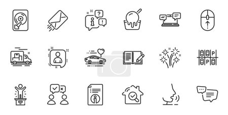 Illustration for Outline set of Developers chat, Winner podium and Inspect line icons for web application. Talk, information, delivery truck outline icon. Include Technical info, Fireworks, E-mail icons. Vector - Royalty Free Image