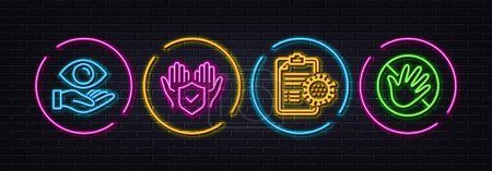 Illustration for Health eye, Insurance hand and Coronavirus report minimal line icons. Neon laser 3d lights. Do not touch icons. For web, application, printing. Optometry, Full coverage, Treatment. Not allowed. Vector - Royalty Free Image