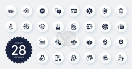 Téléchargez les illustrations : Set of Technology icons, such as Timer, Save planet and Cashback card flat icons. Certificate, Fake news, Seo file web elements. Tap water, 360 degrees, Cloud storage signs. Circle buttons. Vector - en licence libre de droit