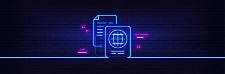 Illustration for Neon light glow effect. Passport document line icon. ID file page sign. Office note symbol. 3d line neon glow icon. Brick wall banner. Passport document outline. Vector - Royalty Free Image