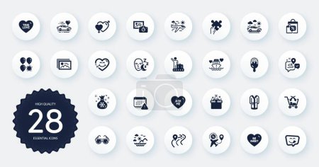 Téléchargez les illustrations : Set of Holidays icons, such as Sea mountains, Puzzle and Journey flat icons. Honeymoon cruise, Smile face, Notification web elements. Ice cream, Honeymoon travel, Sleep signs. Circle buttons. Vector - en licence libre de droit