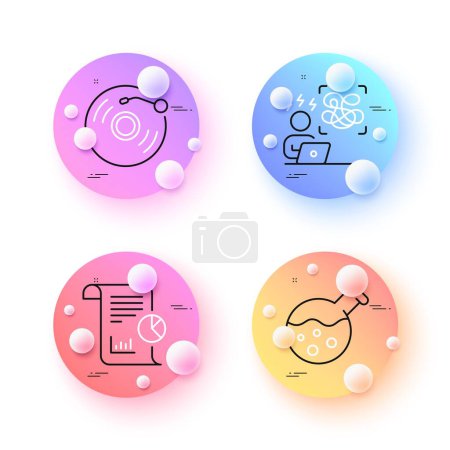 Ilustración de Chemistry lab, Report and Vinyl record minimal line icons. 3d spheres or balls buttons. Difficult stress icons. For web, application, printing. Laboratory, Work analysis, Retro music. Vector - Imagen libre de derechos