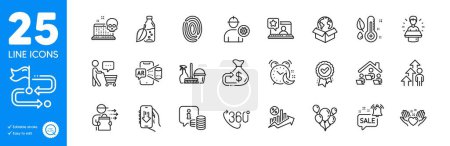 Téléchargez les illustrations : Outline icons set. Household service, Promotion bell and Food delivery icons. Buyer think, Alarm, Work home web elements. Thermometer, Approved award, Online rating signs. Cyber attack. Vector - en licence libre de droit