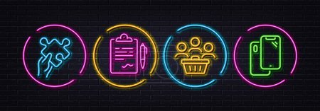 Ilustración de Puzzle, Buyers and Clipboard minimal line icons. Neon laser 3d lights. Smartphone icons. For web, application, printing. Jigsaw game, Shopping customers, Agreement contract. Phone. Vector - Imagen libre de derechos