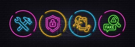 Illustration for Flights application, Spanner tool and Shield minimal line icons. Neon laser 3d lights. Fake news icons. For web, application, printing. Airport app, Repair, Secure lock. Check wrong fact. Vector - Royalty Free Image