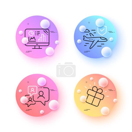 Illustration for Flight insurance, Analytics graph and Gift minimal line icons. 3d spheres or balls buttons. Support chat icons. For web, application, printing. Full coverage, Growth report, Marketing box. Vector - Royalty Free Image