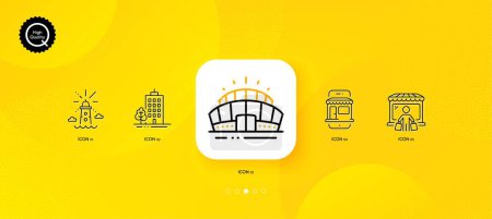 Ilustración de Marketplace, Lighthouse and Market buyer minimal line icons. Yellow abstract background. Arena stadium, Skyscraper buildings icons. For web, application, printing. Vector - Imagen libre de derechos