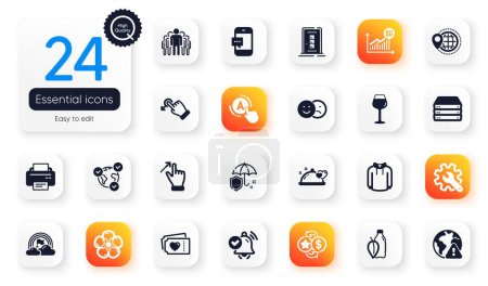 Illustration for Set of Business flat icons. Notification received, Internet warning and Water bottle elements for web application. Drag drop, Romantic dinner, Natural linen icons. Servers, World travel. Vector - Royalty Free Image