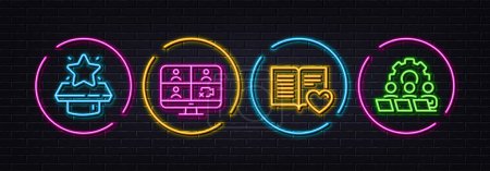 Illustration for Love book, Winner podium and Video conference minimal line icons. Neon laser 3d lights. Teamwork icons. For web, application, printing. Customer feedback, First place, Remote training. Vector - Royalty Free Image
