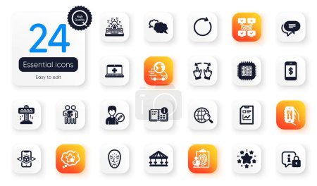 Illustration for Set of Technology flat icons. Fingerprint, Medical help and Report document elements for web application. Cpu processor, Text message, Online voting icons. Carousels, Lock. Vector - Royalty Free Image
