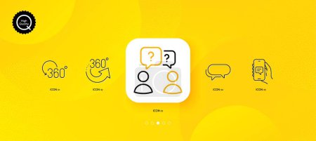 Illustration for Full rotation, Chat app and Messenger minimal line icons. Yellow abstract background. Teamwork questions, 360 degrees icons. For web, application, printing. Vector - Royalty Free Image