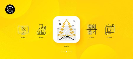 Illustration for Chemistry lab, Parking place and Monitor repair minimal line icons. Yellow abstract background. Architectural plan, Christmas tree icons. For web, application, printing. Vector - Royalty Free Image