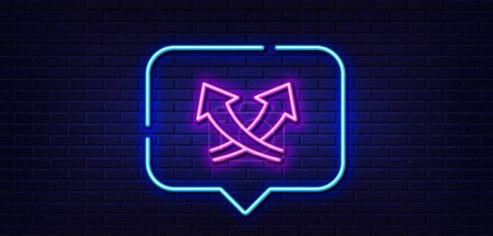 Illustration for Neon light speech bubble. Intersection arrows line icon. Exchange and turn, cross sign. Neon light background. Intersection arrows glow line. Brick wall banner. Vector - Royalty Free Image
