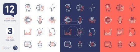 Illustration for Set of Efficacy, Energy and Gluten free line icons. Include Architectural plan, Bitcoin system, Calendar icons. Environment day, Documents box, Eco energy web elements. Unlock system. Vector - Royalty Free Image