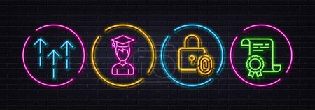 Illustration for Student, Swipe up and Fingerprint lock minimal line icons. Neon laser 3d lights. Certificate icons. For web, application, printing. Graduation cap, Scrolling arrow, Biometric access. Vector - Royalty Free Image
