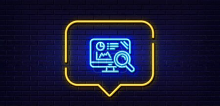 Illustration for Neon light speech bubble. Seo statistics line icon. Search engine sign. Analytics chart symbol. Neon light background. Seo analytics glow line. Brick wall banner. Vector - Royalty Free Image