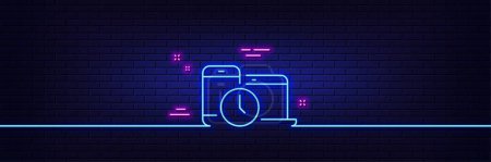 Illustration for Neon light glow effect. Time management line icon. Clock sign. Mobile devices symbol. 3d line neon glow icon. Brick wall banner. Time management outline. Vector - Royalty Free Image
